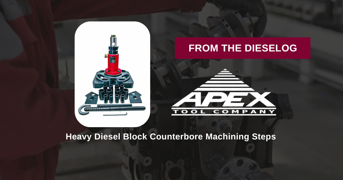 Step-by-step view of machining a diesel engine block counterbore ledge with a specialty cutter fixture